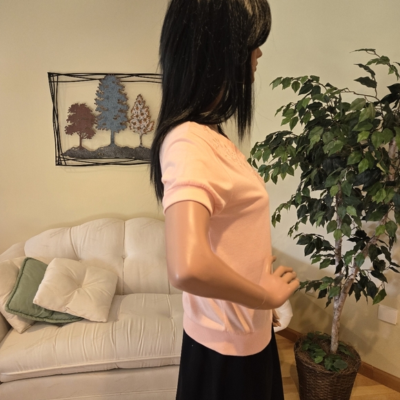 LT Casuals Peach V-Neck, Embroidered Short Sleeve Top, Size Small - Picture 3 of 8